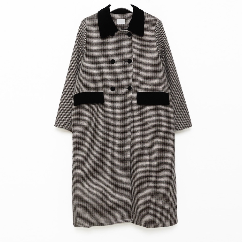 Double-Breasted Houndstooth Plaid Velvet Trim Long Coat Women’s Size Medium